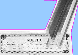 Stck des 'Ur-Meters' in Paris mit Urkunde