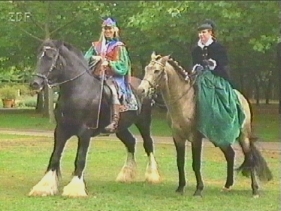 Fjn bfößeres und ein etwas kleines Pferd mit Reiterin im Kleid Damenstattel