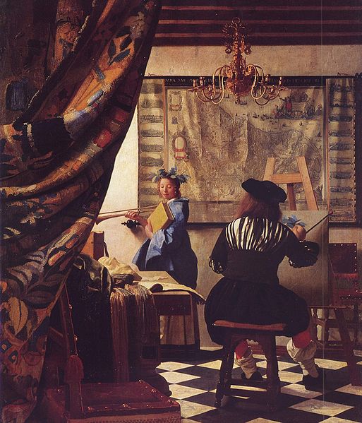 Jan van der Meer mahlte ca. 1673 in der Allegorie der Mahlkunst (gar  sich 'Johannes Vermeer van Delft' selbst beim Mahlen der) Clio, Muse der Geschichte